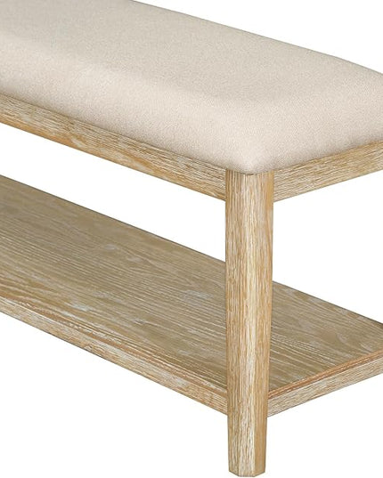 6-Piece Wooden Minimalist Dining Table Set with 4 Upholstered Chairs & 1 Bench with a Shelf for Kitchen Room Furniture, Natural Wood Wash, 60" L x 43" W x 30" H - LeafyLoom
