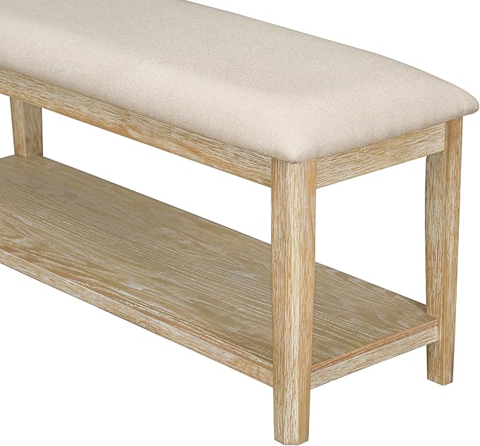 6-Piece Wooden Minimalist Dining Table Set with 4 Upholstered Chairs & 1 Bench with a Shelf for Kitchen Room Furniture, Natural Wood Wash, 60" L x 43" W x 30" H - LeafyLoom