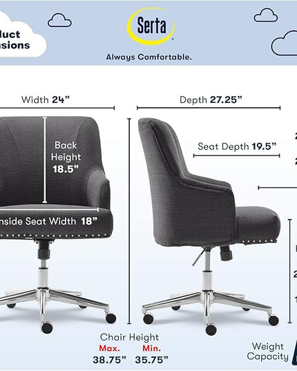 Serta Leighton Modern Office Chair, Stylish Mid-Back Desk Chair, Rivet Detail, Serta Quality Memory Foam, Armchair with Wheels, Vanity Chair, Swivel Chrome Metal Base, Twill Fabric, Dark Gray - LeafyLoom