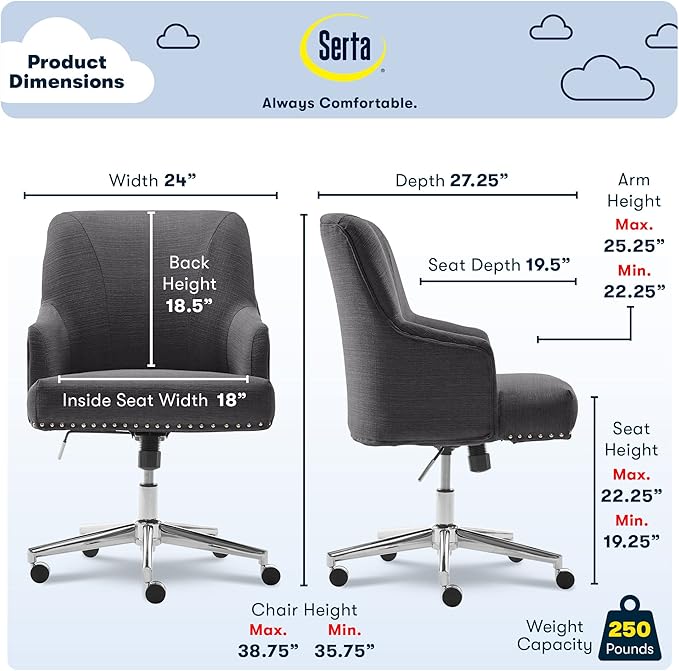 Serta Leighton Modern Office Chair, Stylish Mid-Back Desk Chair, Rivet Detail, Serta Quality Memory Foam, Armchair with Wheels, Vanity Chair, Swivel Chrome Metal Base, Twill Fabric, Dark Gray - LeafyLoom