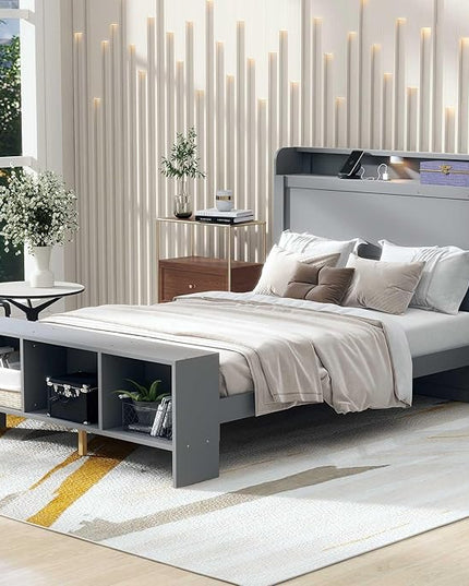 Merax Wood Bed Frame with Cabinets Full Size,Wooden Platform Bed with Storage Headboard,Footboard,Light and USB Ports,Kids Bed Frame Full Size - LeafyLoom