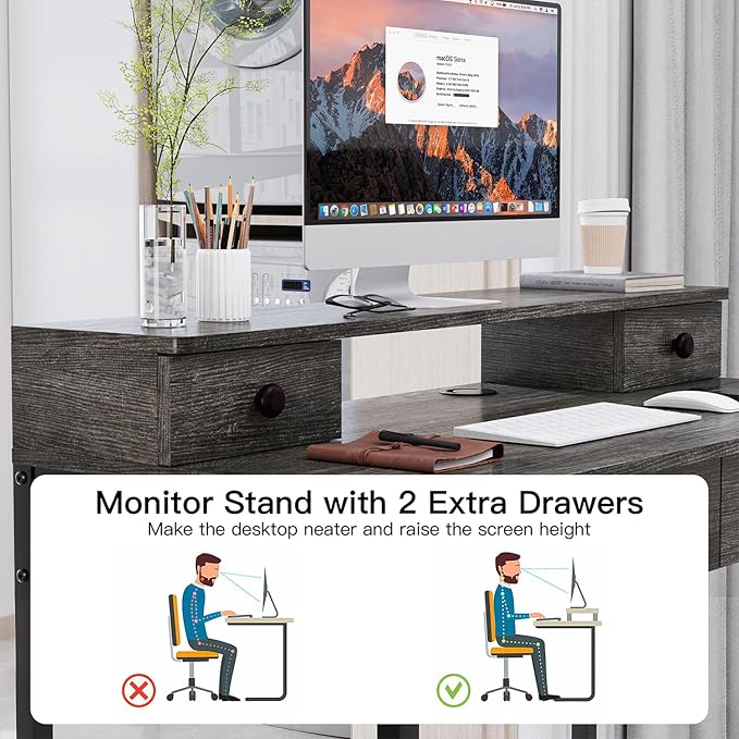 Elephance Small Computer Desk with Monitor Stand 39.37" Home Office Desk with 4 Drawers Study Writing Desk Gaming Table for Small Space - LeafyLoom