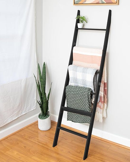 Ilyapa Blanket Ladder for The Living-Room - Rustic Decorative Quilt Ladder with Folding Construction for Easy Storage, Black Weathered Wood, Blanket Ladders for The Living Room, Bathroom - LeafyLoom