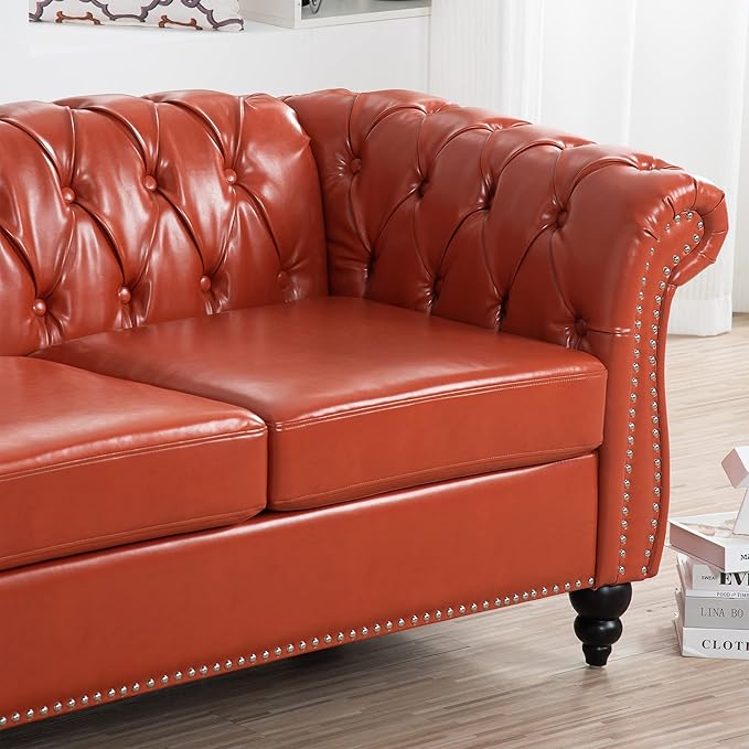 3-Seaters Living Room Clasic Chesterfield Sofa Couch Button Tufted PU Leather Upholstered Sofa&Couch with Luxury Roller Armrest Soild Wood Legs Movable Cushions & Nailhead Decor - LeafyLoom