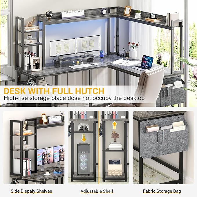 Aheaplus L Shaped Desk with Power Outlet, L Shaped Gaming Desk with Led Light & Hutch, Reversible Home Office Desk, Corner Computer Desk Writing Desk with Monitor Stand & Storage Shelves, Grey Oak - LeafyLoom