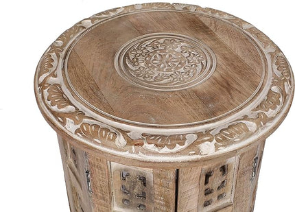 Round Side Table,Small Table, Round End Table,Side Table, Side Tables Living Room, Altar Table, Carved Side Table,Wood Accent Table,Carved Wood Table 12" Round Top x 12" High White Wash - LeafyLoom