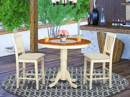 East West Furniture JAVN3-WHI-C 3 Piece Counter Height Pub Set for Small Spaces Contains a Round Wooden Table with Pedestal and 2 Linen Fabric Upholstered Chairs, 36x36 Inch, Buttermilk & Cherry - LeafyLoom