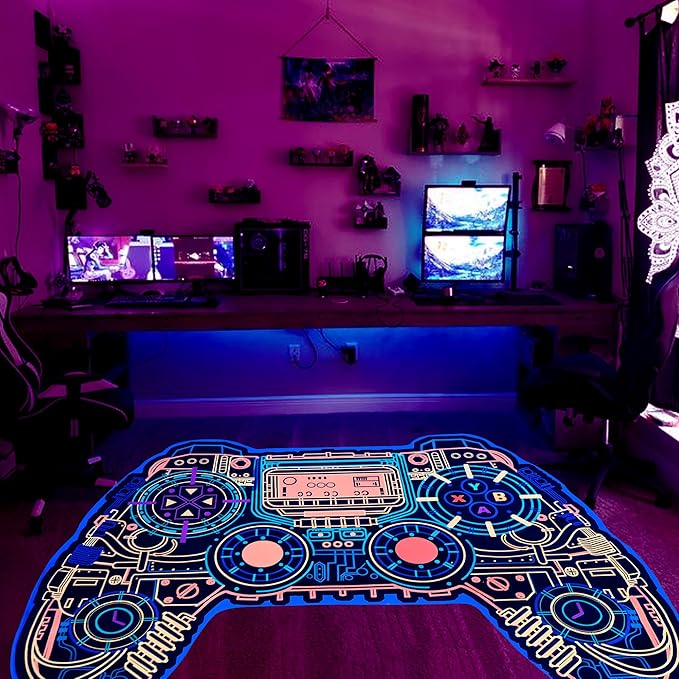 Gaming Rug for Boys Room Decor, Gamer Rugs Glow in The Blacklight Video Game Carpet Teens Playroom Non-Slip Area Rug Game Bedroom Floor Casual Mat (60"x39") - LeafyLoom