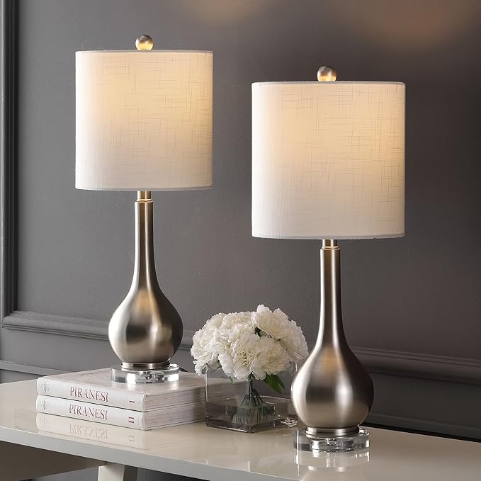 JONATHAN Y JYL5010B-SET2 Dylan 25" Metal/Crystal Teardrop LED Table Lamp Contemporary, Transitional, Traditional, Classic, Office, Living Room, Dining Room, Bedroom, Nickel (Set of 2) - LeafyLoom