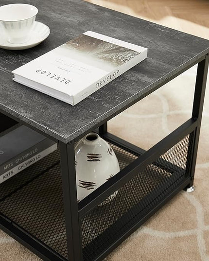 VECELO Coffee Center Table with Storage for Living Room Office Reception, Modern & Industrial Mesh Shelf, 39.4 Inch, Charcoal Grey - LeafyLoom