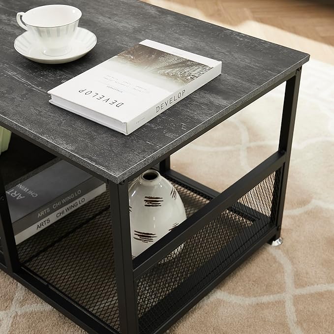 VECELO Coffee Center Table with Storage for Living Room Office Reception, Modern & Industrial Mesh Shelf, 39.4 Inch, Charcoal Grey - LeafyLoom