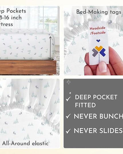 California Design Den Lodge Sheets King Size Printed Set, 400 Thread Count 100% Cotton Sateen 4 Pc Deep Pocket King Sheets & Pillowcase Set - Lodge Camp - LeafyLoom