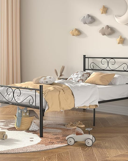 VECELO Twin Size Bed Frame with Headboard, 14 Inch Metal Platform Mattress Foundation, No Boxing Spring Needed, Squeak Resistant, Easy Assembly, Matte Black - LeafyLoom