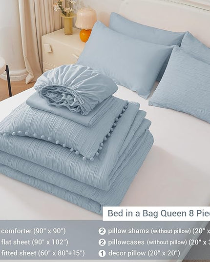 Queen Comforter Set Blue, 8 Piece Bed in a Bag Queen for All Season, Woven Texture Bedding Comforter Set with Sheets and Pillows, Soft Lightweight Queen Comforter Bed Set, Light Heaven Blue - LeafyLoom