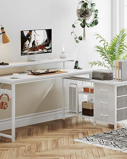 AODK 70 Inch L Shaped Computer Desk with Power Outlets & USB Charging Ports, Reversible L-Shaped Corner Desk with Drawers & Monitor Stand, Home Office Workstation with Storage Cabinet, White - LeafyLoom