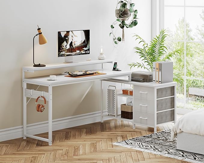 AODK 70 Inch L Shaped Computer Desk with Power Outlets & USB Charging Ports, Reversible L-Shaped Corner Desk with Drawers & Monitor Stand, Home Office Workstation with Storage Cabinet, White - LeafyLoom