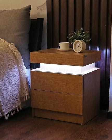 HOMMPA LED Nightstand Wood Bedside Table with Led Lights Modern LED Night Stand with 2 Drawers Smart Nightstand Matte Night Table for Bedroom 20.5" Tall - LeafyLoom