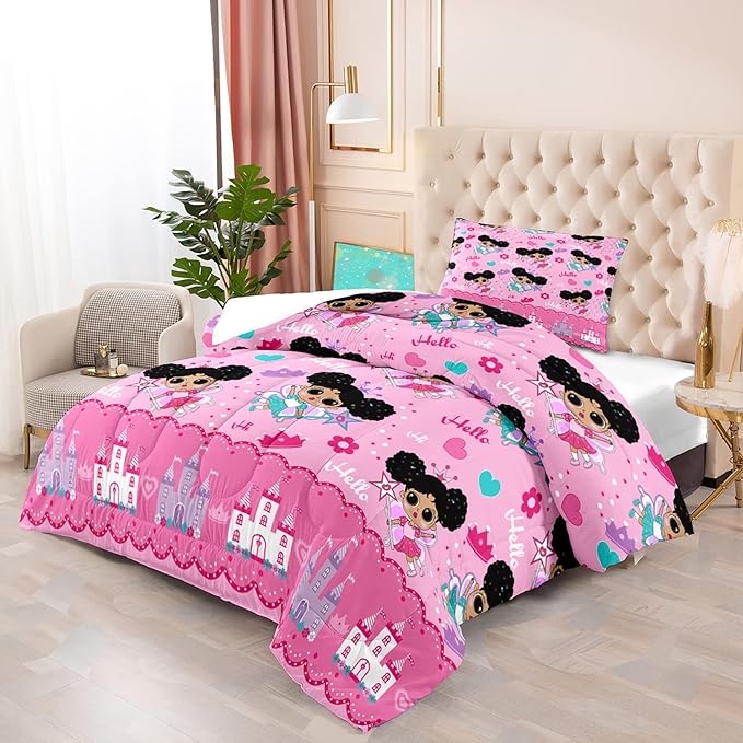 Girl Comforter Set Twin Size, Black Girl Comforter Set, African American Little Girl Twin Comforter Sets Decor for Girls Bedroom 2 Piece Pink Twin Quilt Set with 1 Comforter 1 Pillowcases - LeafyLoom