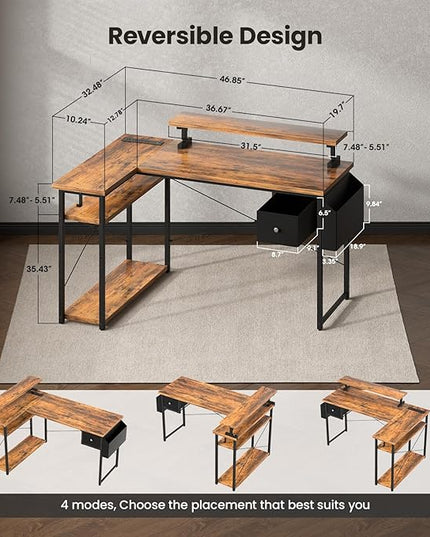 47 inch L Shaped Desk, Computer Desk, Adjustable Stand Office Desk, Power Outlets & Storage Drawer, Reversible Computer Desk with Shelves & Headset Hooks - LeafyLoom