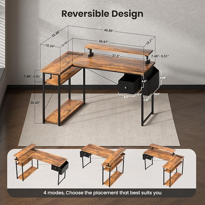 47 inch L Shaped Desk, Computer Desk, Adjustable Stand Office Desk, Power Outlets & Storage Drawer, Reversible Computer Desk with Shelves & Headset Hooks - LeafyLoom