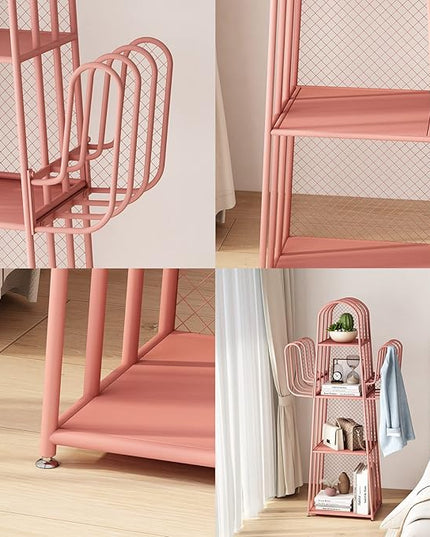 DOORXIF 4-Tier Ladder Pink Bookshelves Freestanding, Cactus Bookcase Storage Organizer Closet Corner Metal Display Cabinet, Corner Pink Bookshelf for Small Spaces, Pink Bookcase for Bedroom Office - LeafyLoom