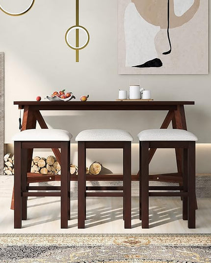 Multipurpose Upholstered Stools, Easy to Assemble, Weight Capacity 350 LBS, for Living, Guest Room, Home Bar, Kitchen, 3 Piece Dining Table Set, Walnut 35 - LeafyLoom