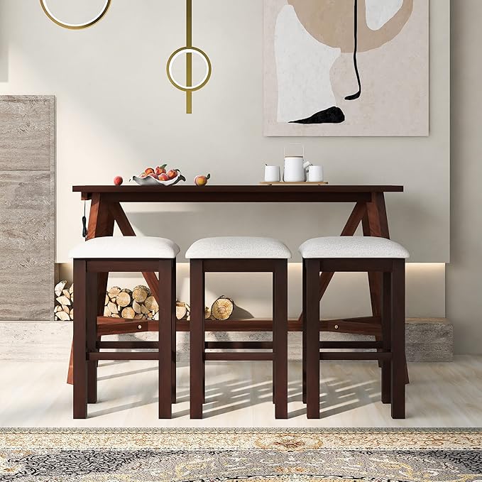 Multipurpose Upholstered Stools, Easy to Assemble, Weight Capacity 350 LBS, for Living, Guest Room, Home Bar, Kitchen, 3 Piece Dining Table Set, Walnut 35 - LeafyLoom
