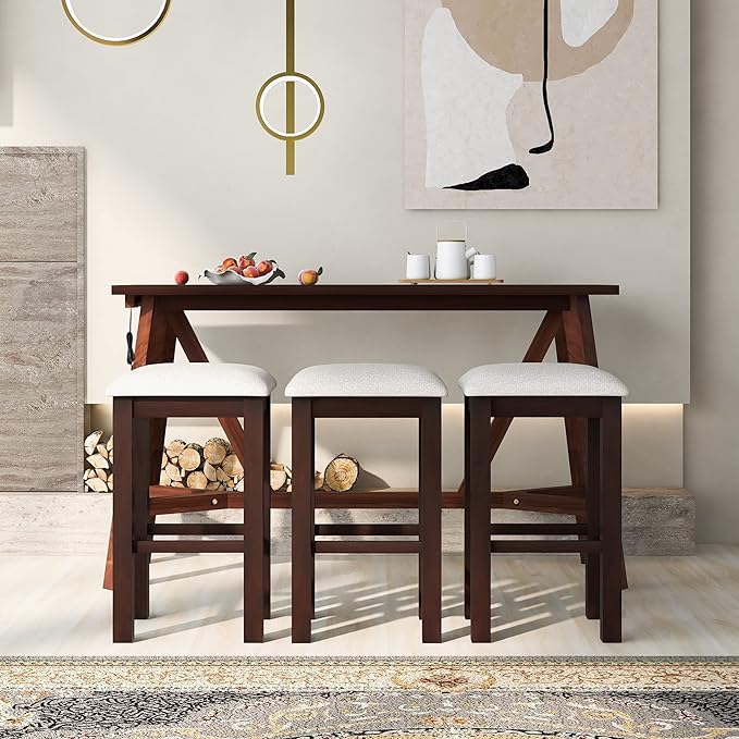 NicBex Kitchen Table Chairs Set of 4 Dining Table Set Multipurpose Home Kitchen Dining Bar Table Set with 3 Upholstered Stools for Home & Kitchen Dining Room, Walnut - LeafyLoom