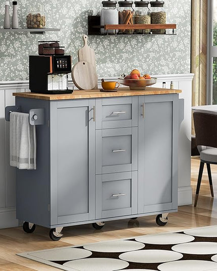 Kitchen Island with Storage, Spice Rack & Tower Rack, Mobile Rolling Kitchen-Cart on Wheels w/Rubber Wood Top, 3 Drawer, 2 Slide-Out Shelf and Internal Storage Rack - LeafyLoom