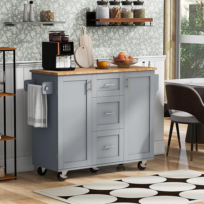 Kitchen Island with Storage, Spice Rack & Tower Rack, Mobile Rolling Kitchen-Cart on Wheels w/Rubber Wood Top, 3 Drawer, 2 Slide-Out Shelf and Internal Storage Rack - LeafyLoom