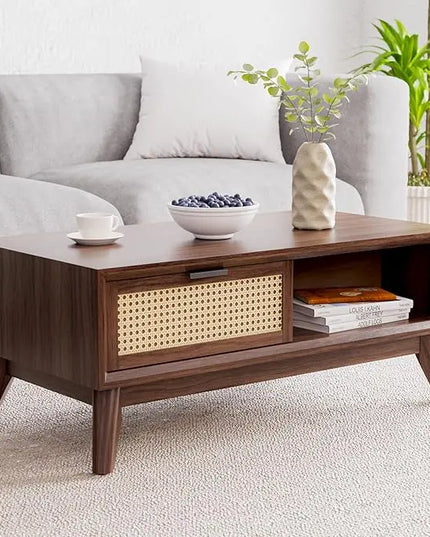 Bme Modern Solid Wood Coffee Table with Storage, Accent Rattan Design, Perfect for Living Room, Walnut, Medium - LeafyLoom