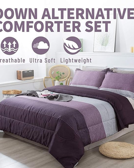 Andency Stripe Comforter Set King Size (104x90 Inch), 3 Pieces Purple and Gray Patchwork Striped Comforter, Soft Microfiber Down Alternative Comforter Bedding Set with Corner Loops - LeafyLoom