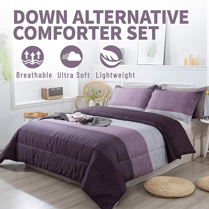 Andency Stripe Comforter Set King Size (104x90 Inch), 3 Pieces Purple and Gray Patchwork Striped Comforter, Soft Microfiber Down Alternative Comforter Bedding Set with Corner Loops - LeafyLoom