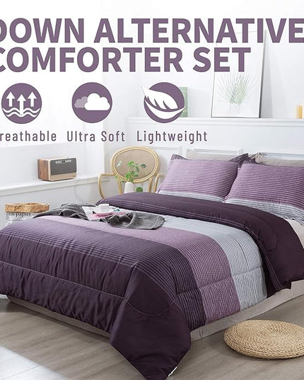 Andency Stripe Comforter Set Full Size (79x90 Inch), 3 Pieces Purple and Gray Patchwork Striped Comforter, Soft Microfiber Down Alternative Comforter Bedding Set with Corner Loops - LeafyLoom