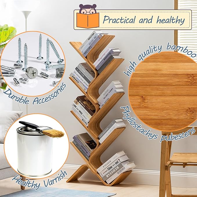 Bamboo Tree Bookshelf, 8-Tier Wood Bookcase, Free Standing Book Organizer Shelves, Books/Albums/Files Holder Display Storage Rack Space Saver for Living Room Bedroom-Log 55x23x5inch - LeafyLoom