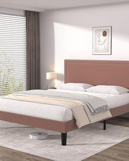 VECELO Queen Size Platform Bed Frame with Adjustable Upholstered Headboard, Modern Mattress Foundation,Strong Wood Slat Support, No Box Spring Needed, Easy Assembly - LeafyLoom