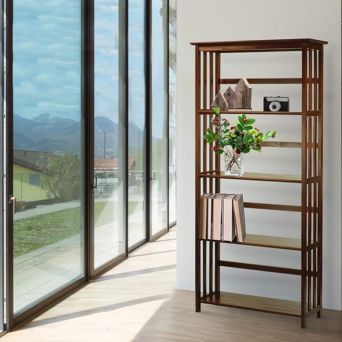 Casual Home Mission Style 5-Shelf Bookcase, Walnut - LeafyLoom
