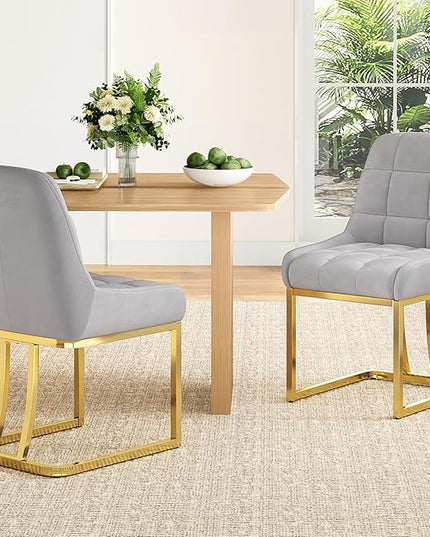 STARY Upholstered Velvet Armless Dining Room Chairs with Gold Metal Legs for Kitchen Restaurant, Gray- Set of 2 - LeafyLoom