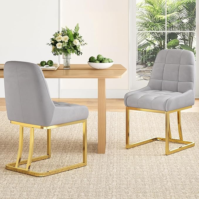 STARY Upholstered Velvet Armless Dining Room Chairs with Gold Metal Legs for Kitchen Restaurant, Gray- Set of 2 - LeafyLoom