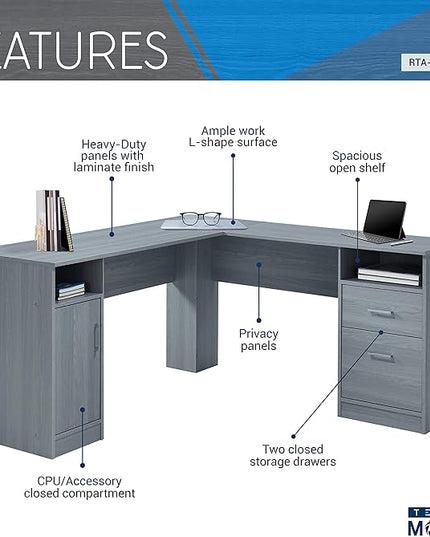 Techni Mobili Functional L-Shaped Computer Desk with storage, L is ⁠59.5" wide x 59.5" Long, Grey - LeafyLoom