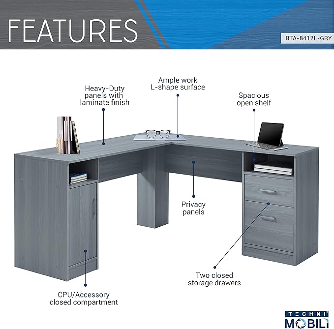 Techni Mobili Functional L-Shaped Computer Desk with storage, L is ⁠59.5" wide x 59.5" Long, Grey - LeafyLoom