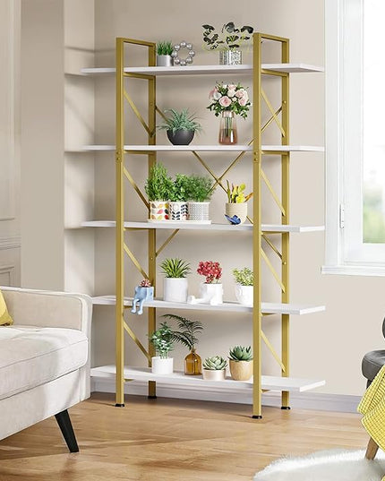 YITAHOME 5 Tier Gold Bookshelf, 70.9" Tall Modern Wide Bookcase, Open Storage Rack Shelves in Living Room/Bedroom/Home/Office, Books Holder Organizer for Books/Plants, Gold & White - LeafyLoom