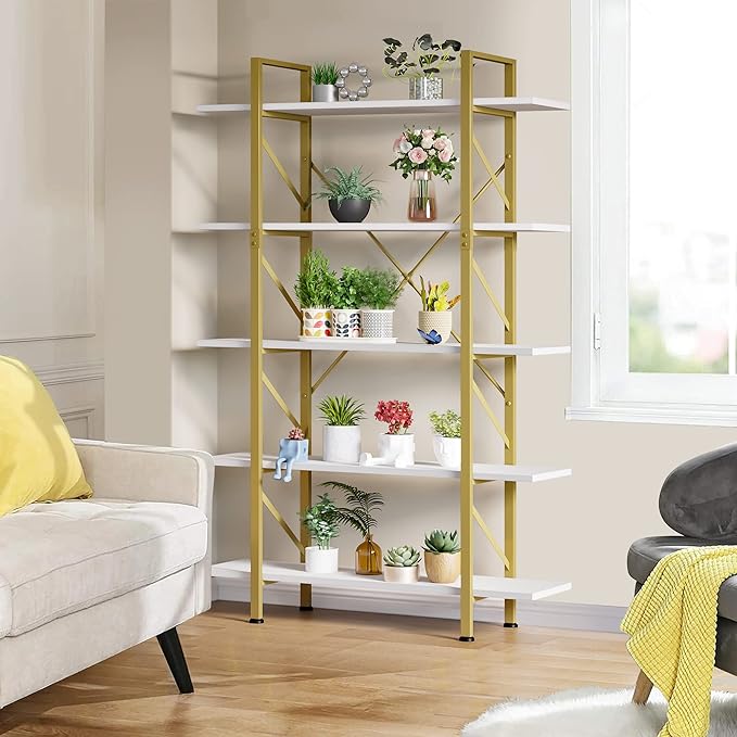 YITAHOME 5 Tier Gold Bookshelf, 70.9" Tall Modern Wide Bookcase, Open Storage Rack Shelves in Living Room/Bedroom/Home/Office, Books Holder Organizer for Books/Plants, Gold & White - LeafyLoom