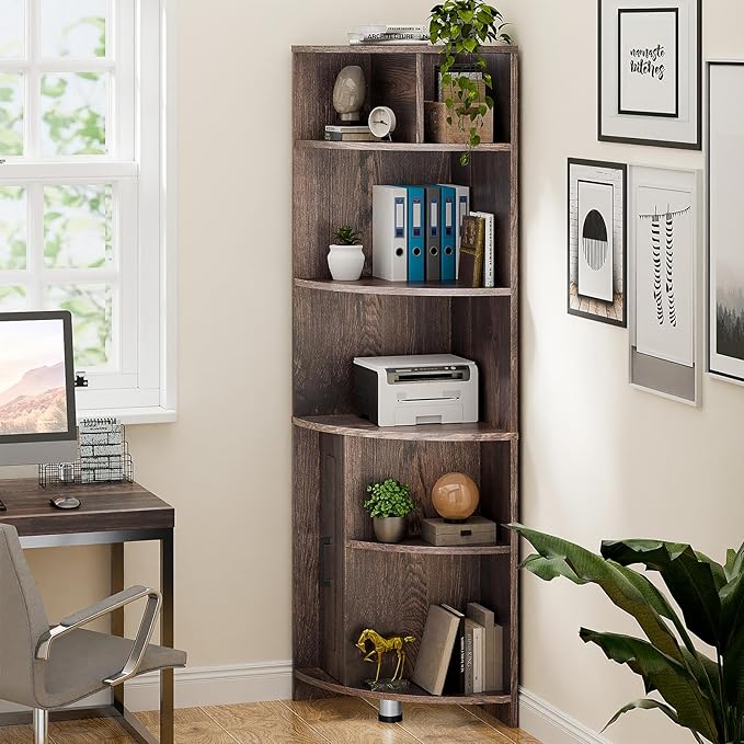 6 Tier Corner Shelf with Drawer, Corner Bookshelf and Corner Bookcase Corner Display Storage Cabinet Stand for Living Room, Bedroom, Office, Small Space, Black Walnut - LeafyLoom