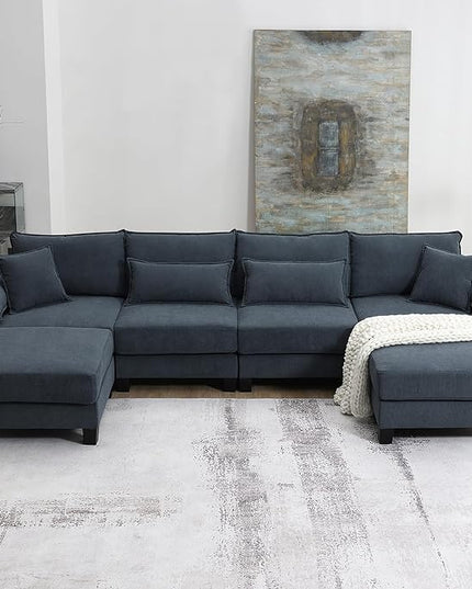 133" Corduroy 6 Seat Freely Combinable Sofa with Armrest Bags,U Shaped Indoor Solid Wood Sectional Couch w/Pillows,for Living Room,Bedroom,Apartment,Office,Lounges,Grey - LeafyLoom