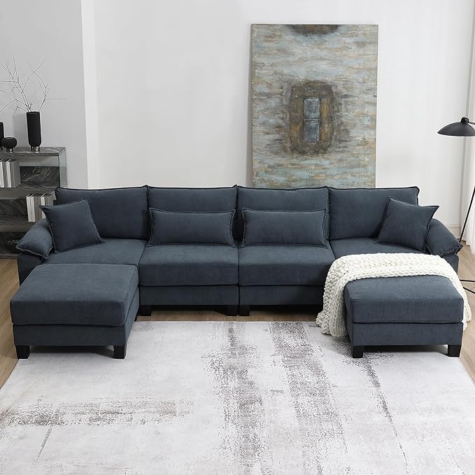 133" Corduroy 6 Seat Freely Combinable Sofa with Armrest Bags,U Shaped Indoor Solid Wood Sectional Couch w/Pillows,for Living Room,Bedroom,Apartment,Office,Lounges,Grey - LeafyLoom
