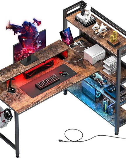 COMHOMA Gaming L Shaped Computer Desk, 55" Home Office Desk with Shelves, L Shape Computer Corner Desk with Charging Port, Gaming Table Power Outlet Build in, LED Writing Desk with Monitor Stand Brown - LeafyLoom