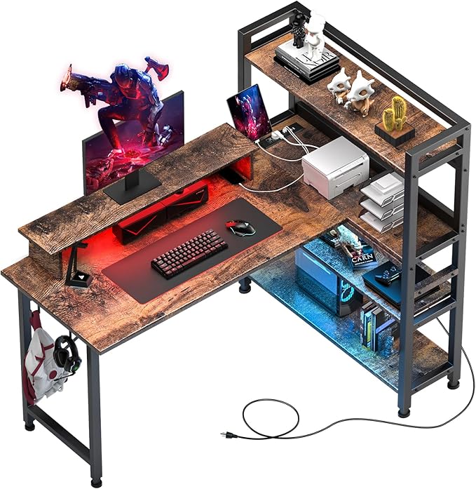 COMHOMA Gaming L Shaped Computer Desk, 55" Home Office Desk with Shelves, L Shape Computer Corner Desk with Charging Port, Gaming Table Power Outlet Build in, LED Writing Desk with Monitor Stand Brown - LeafyLoom