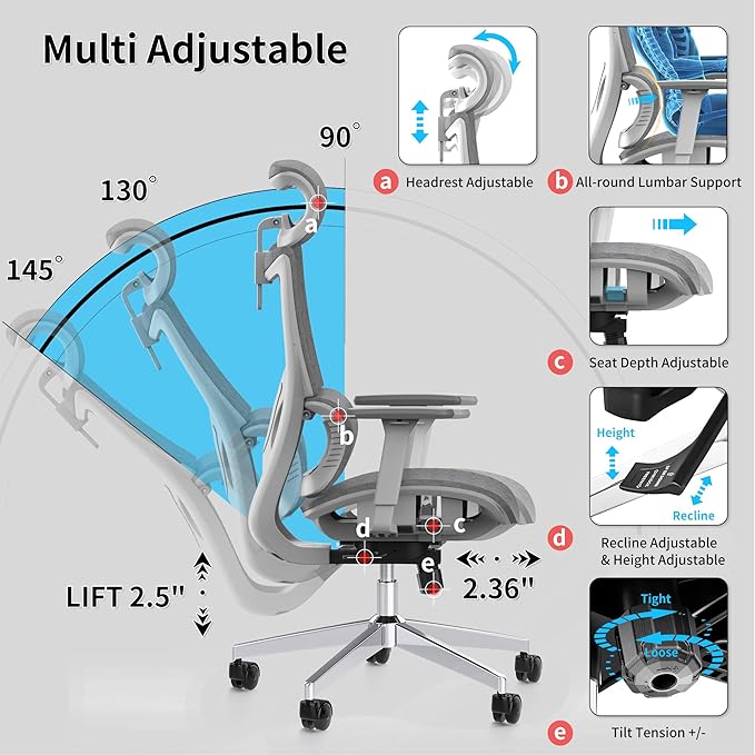 Ergonomic Office Chair with 3D Armrest, Big and Tall Computer Desk Chair with Adjustable Headrest, Seat Depth, Lumbar Support, Home Office Gaming Chair Light Grey - LeafyLoom