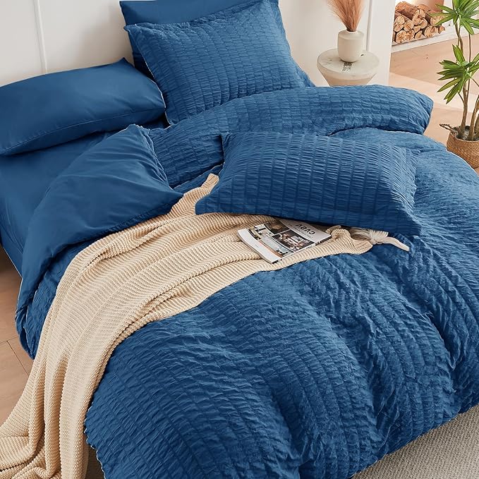 HYMOKEGE Seersucker Queen Comforter Set 3 Pieces, Lightweight Comforter Sets for Bedding, Bed Set with 1 All Season Soft Down Alternative Comforter and 2 Pillow Shams, Teal - LeafyLoom